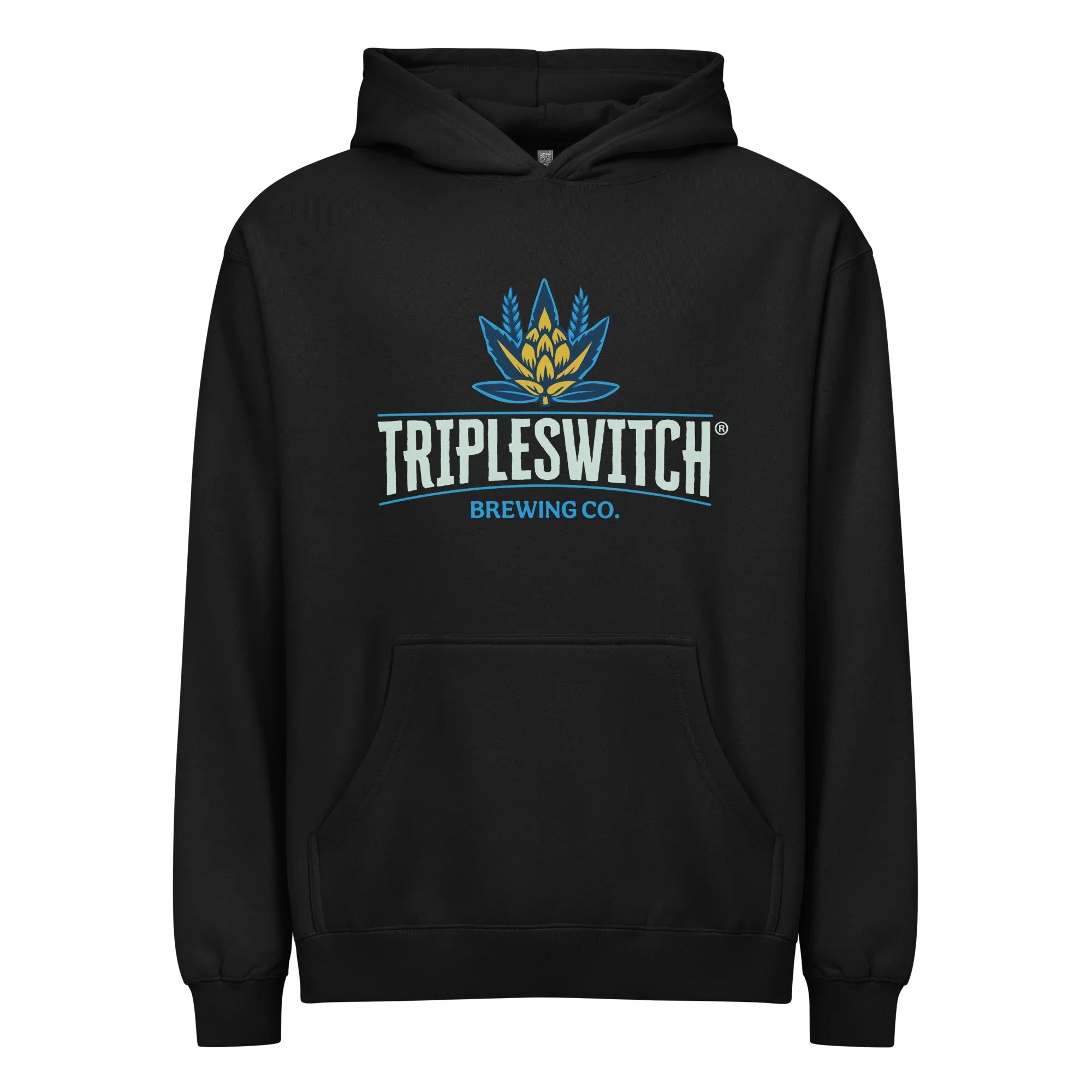 Black men's hoodie with Tripleswitch Brewing Co. logo and yellow hop graphic on front